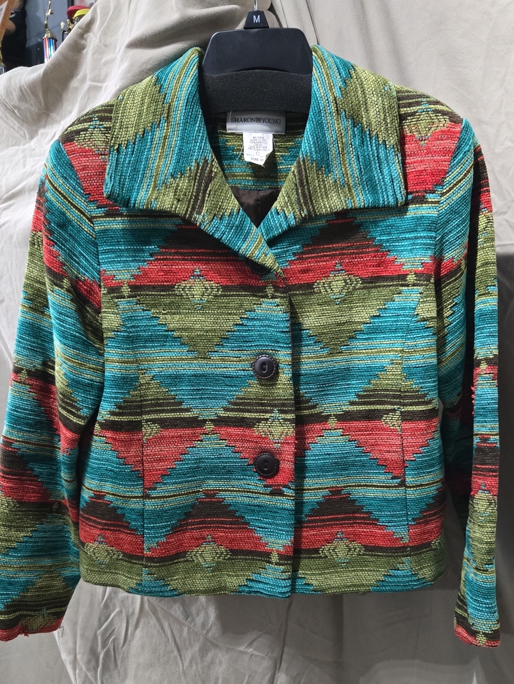 Sharon Young Multicolor Geometric Cropped Jacket - Turquoise, Olive & Red